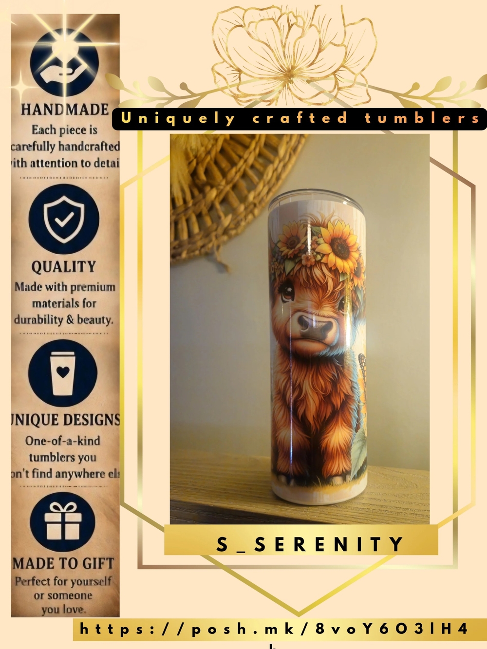 Serenity Tall Tumbler with Sunflower Highland Cow Artwork - Brown & Yellow